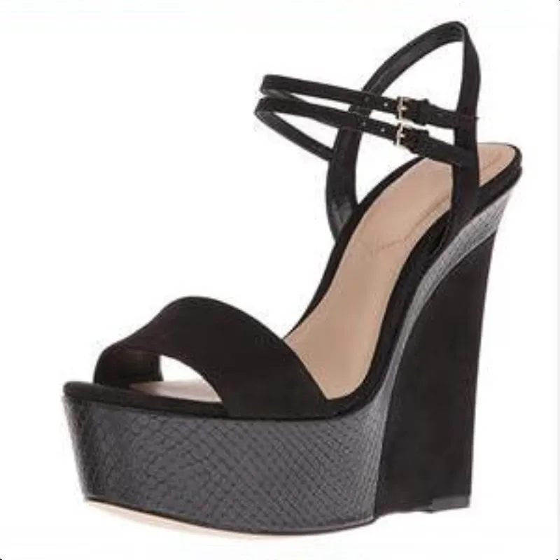 Shofoo Hermosa De Alto 14 Cm Mujeres 5 Tacón Cuñas Envío Moda Gratis Zapatos Sandalias Las Negro Rebaño StrwqS