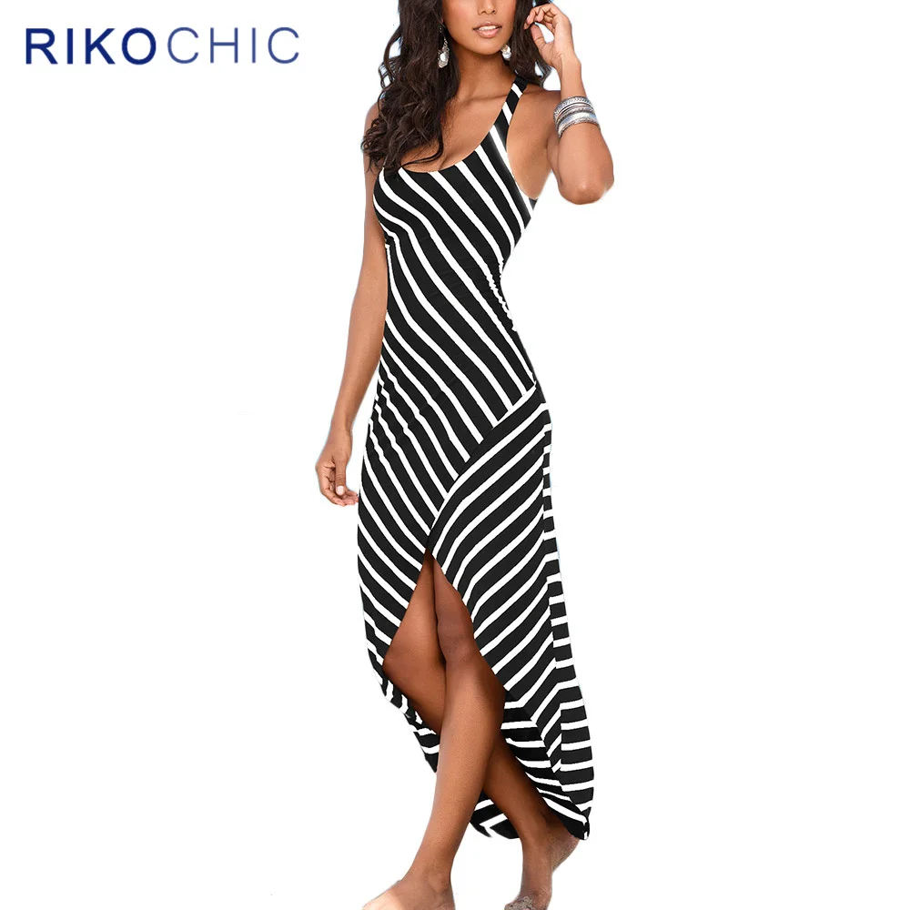 Women Black and White Striped Dress High Split Sleeveless Summer Maxi