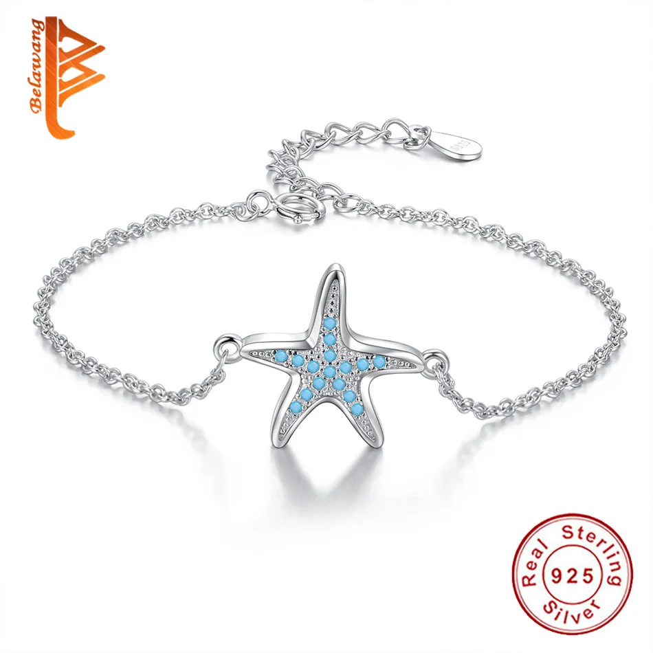 

BELAWANG Trendy Crystal Starfish Charms Bracelet For Women New Design 925 Sterling Silver Female Chain Bracelet Boho Jewelry