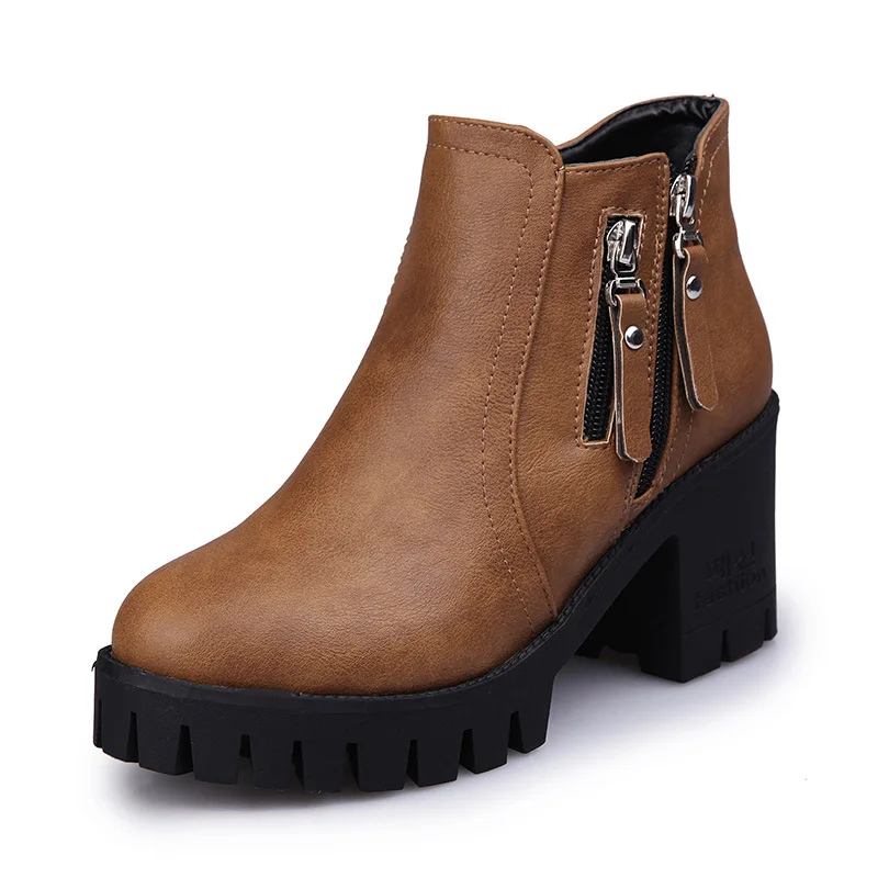 

2018 autumn and winter Martin boots with thick with round head side zipper women's short boots brwon 0216