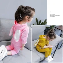 Костюм для маленьких девочек Детский Повседневный Спортивный свитер из хлопка с милым кроликом рубашка с капюшоном и брюки комплект из двух предметов