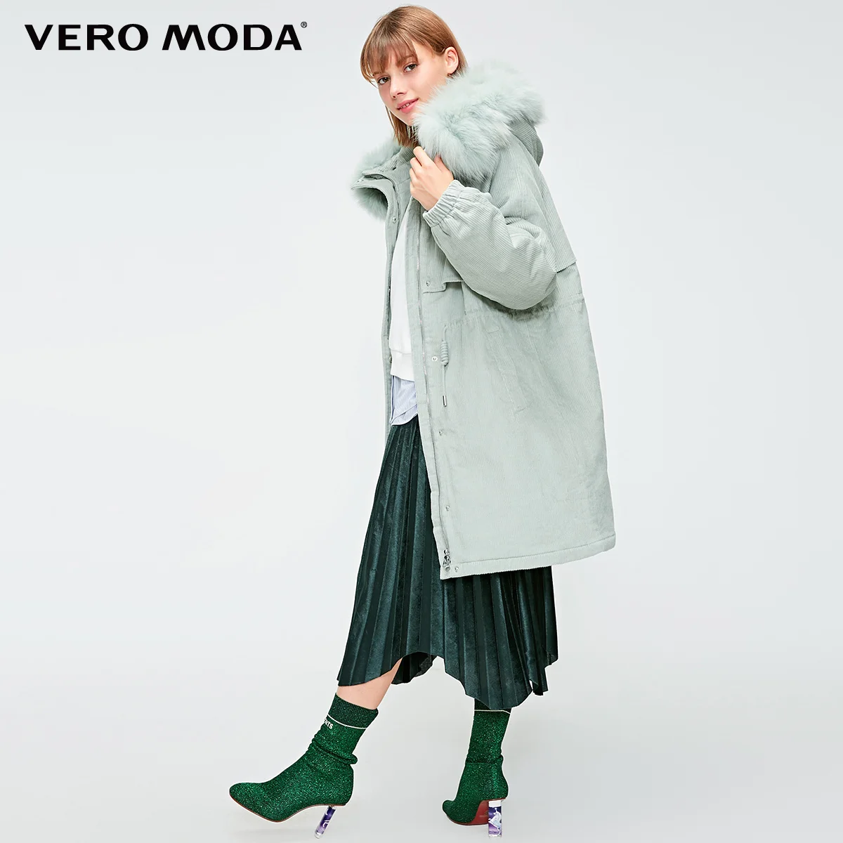 Vero Moda Новинка куртка женская зимняя съемный воротник из лисьего меха Вельветовая верхняя одежда оверсайз подкладка парка пальто | 318422508