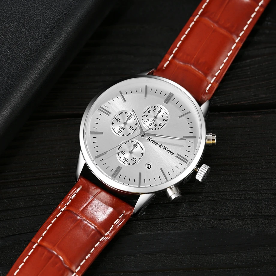 Keller & Weber Mens Watches 30m Waterproof Quartz Business Watches Date Display Genuine Leather Band Relogio Masculino Best Gift (23)
