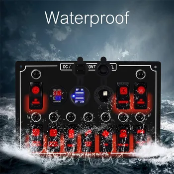 

12V 10 Gang Rocker Red Blue Switch Panel Circuit Breaker Universal LED Waterproof Cigaratte Lighter Car Marine Boat#290664