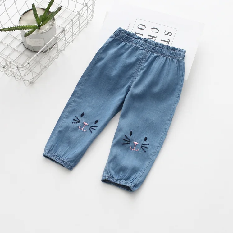 

Autumn Girls Denim Jeans Kitten Embroidery Trousers Fashion Blue Boys Washed Holed Harem Pants for little Child
