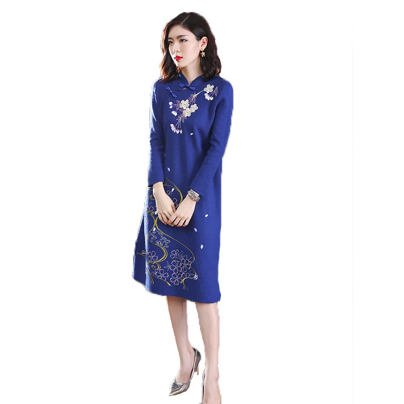 Осень-зима Для женщин Китайский Стиль вышивка мать загружен шерстяного трикотажа с длинным рукавом платье Чонсам синий черный