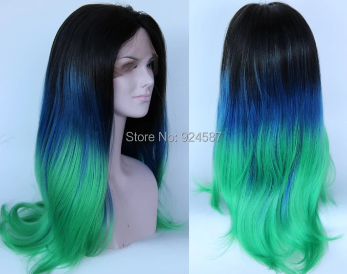 

FREE SHIPPING Wholesale Glueless Heat Resistant Ombre Natural Black/Dark Blue/Green Tone Silk Straight Synthetic Lace Front Wig