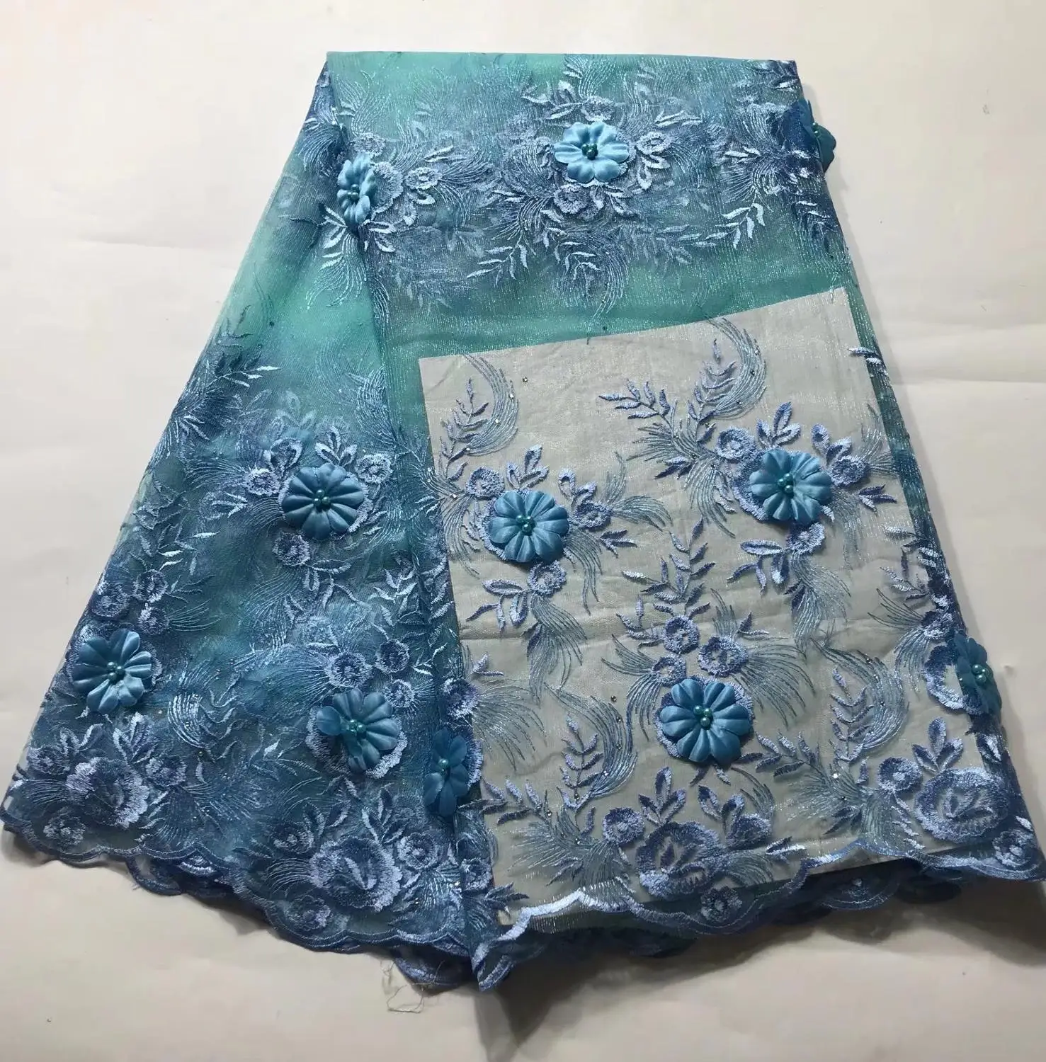 

2019 Hot sale nigerian african lace fabrics french guipure tulle sky blue line bridal lace fabric for wedding party dress 5yds(5