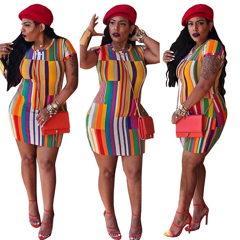 

Spring and summer 2019 new style, fashionable African clothing, color stripe print slim dress nightclub outfit