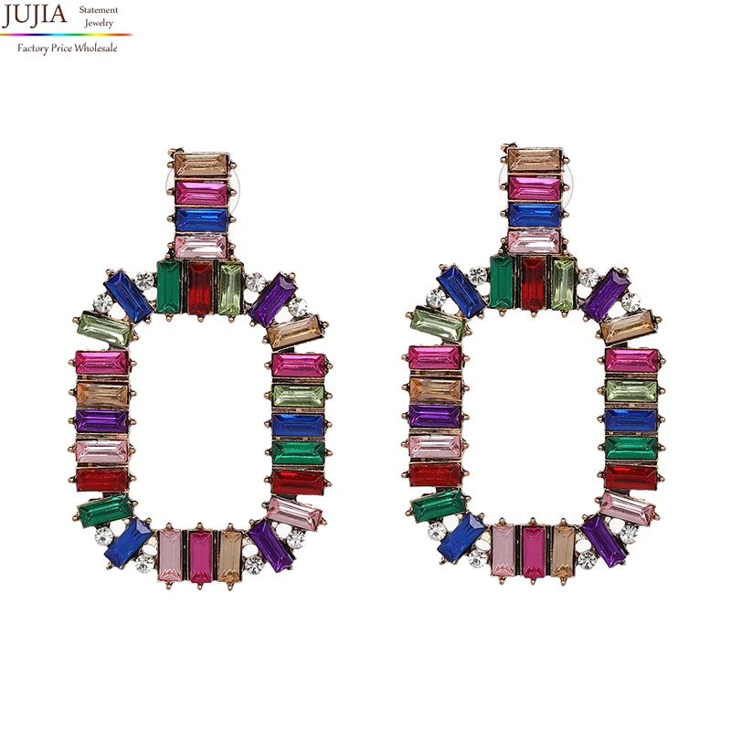 

JUJIA Factory Price Wholesale 3 colors jewelry colorful crystal statement fashion square crystal Drop Earrings for women