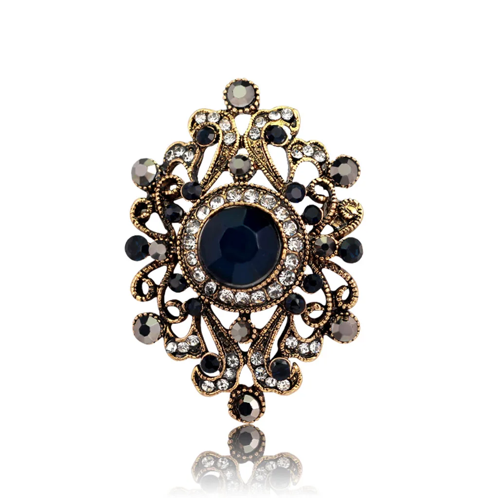 Pheovo Alloy Royal Blue Brooches Flower Rhinestone Crystals Brooch Vintage Style Broach Pins Fashion Jewelry for Women Man 