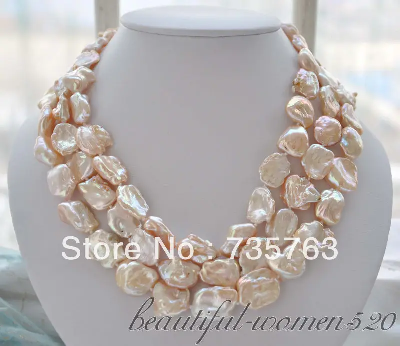 HOT 3strands 19mm BAROQUE pink KESHI REBORN PEARL NECKLACE mabe clasp