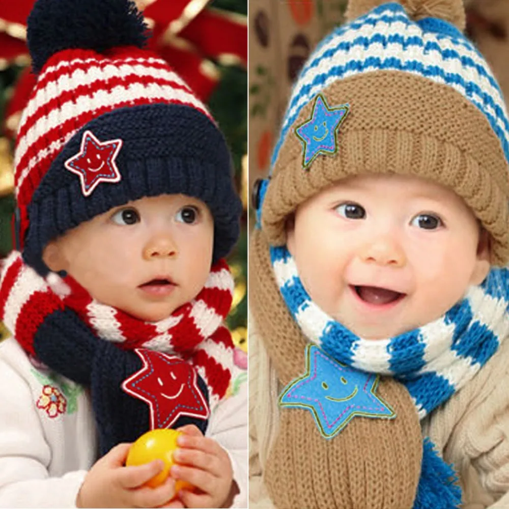 

Lovely Winter Warm Children Skullies Beanies Caps 2pcs/set Kids 5 Star Printed Scarf Hat Set Baby Boys Girls Knitted Hats Caps
