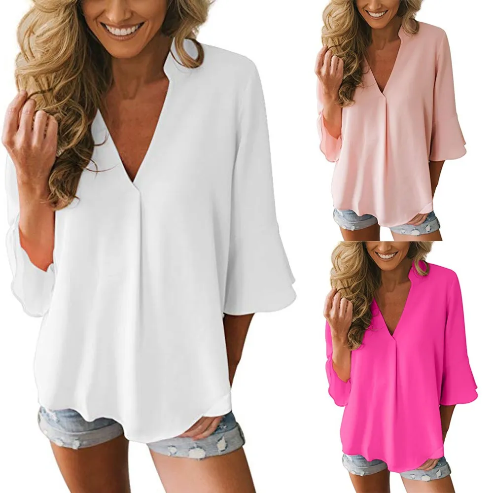 

Womens Casual Loose Solid V Neck Fit Loose Irregular bottom Peplum Sleeve Chiffon Tops roupas femininas
