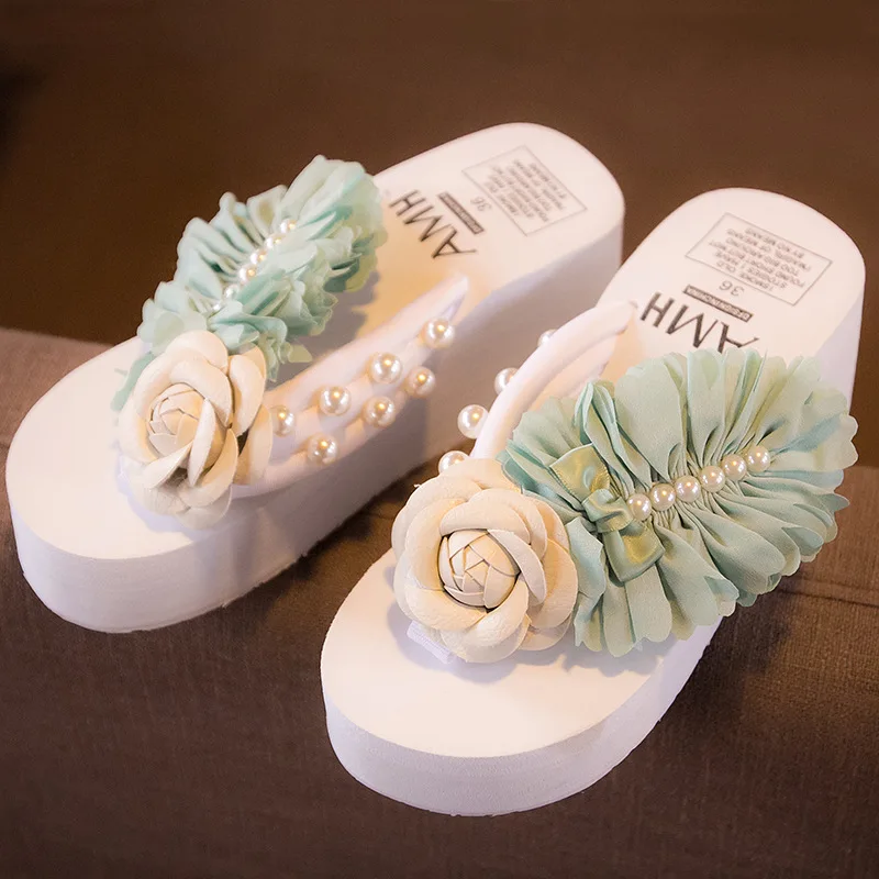 

Camellia platform sandals mujer pearl ribbon flower flip flops women summer wedges shoes comfort thick high heels ladies slides