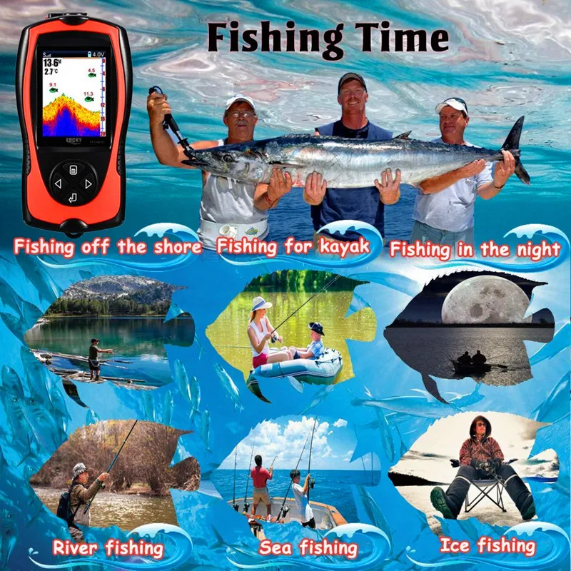 Sonar Fish Finder for Fishing FF1108-1CWLA English&Russian Menu Wireless Sonar Color Fishfinder 147ft/45m Water Depth Sonar Fish