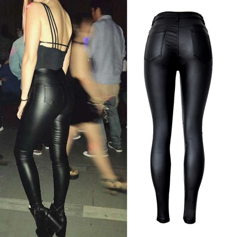Топ Vogue Женская одежда тонкая искусственная кожа Брюки Высокая талия мотоциклетные модели черные с покрытием PU джинсовые женские летние леггинсы