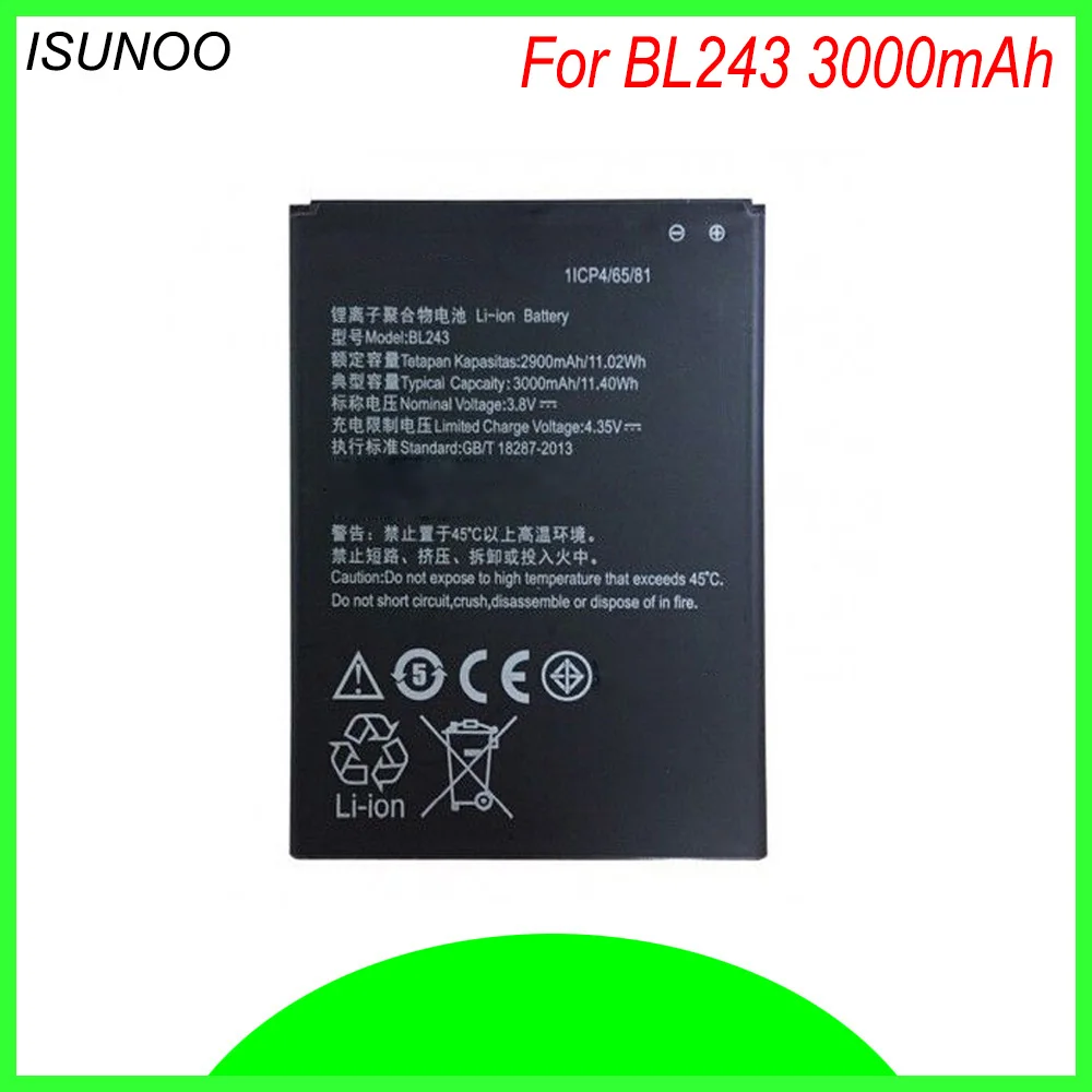 

ISUNOO BL243 BL 243 BL-243 Battery For Lenovo K3 Note K50-T5 A7000 A5500 A5600 A7600 3000mAh Batteries