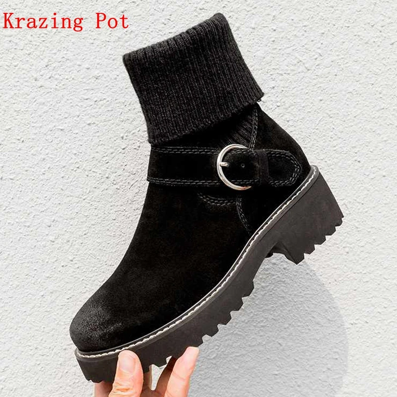 

Krazing Pot 2018 cow suede Western boots women round toe rock punk platform buckle metal buckle women stretch mid-calf boots L06