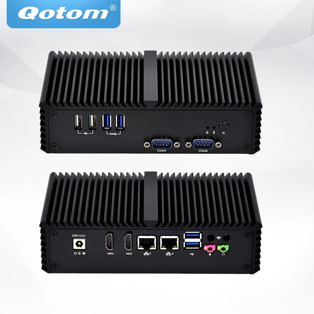 Qotom Mini PC 2 Ethernet lan Celeron 3215U, dual core Тонкий клиент Micro безвентиляторный промышленный ПК двухканальный сетевой адаптер X86 компьютер Linux мини