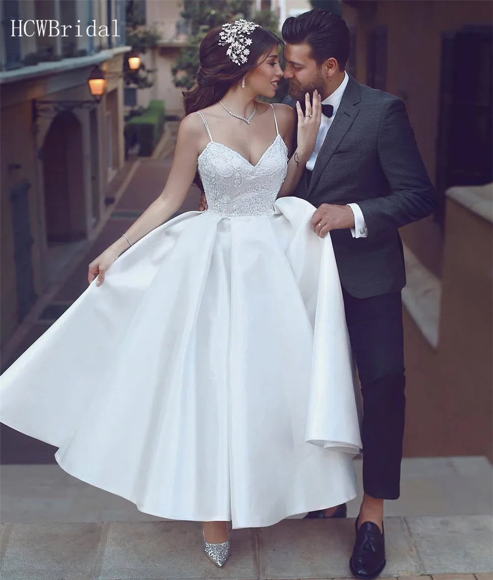 

2019 Short Wedding Dresses Backless Spaghetti Strap A Line Ankle Length Sexy Bridal Gowns Cheap Vestido De Casamento Custom Made