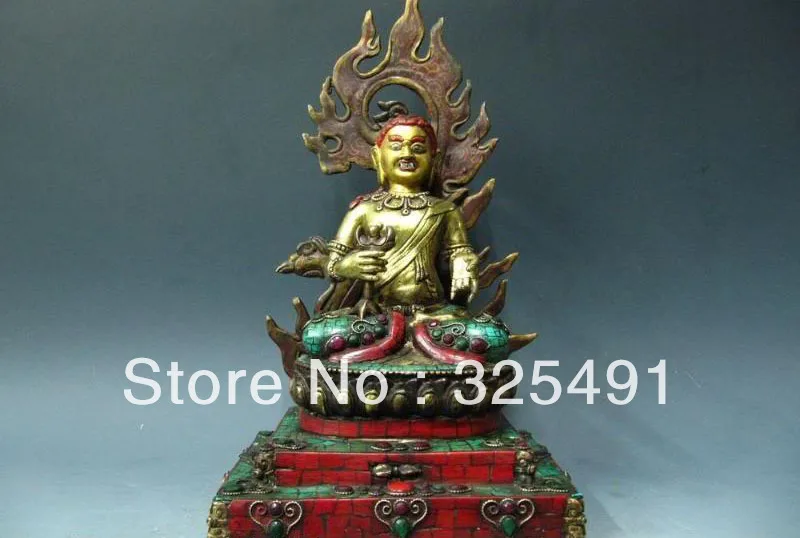 

Tibet Pure Bronze Gild inlay ruby beryl coral turquoise Acalanatha Buddha Statue z