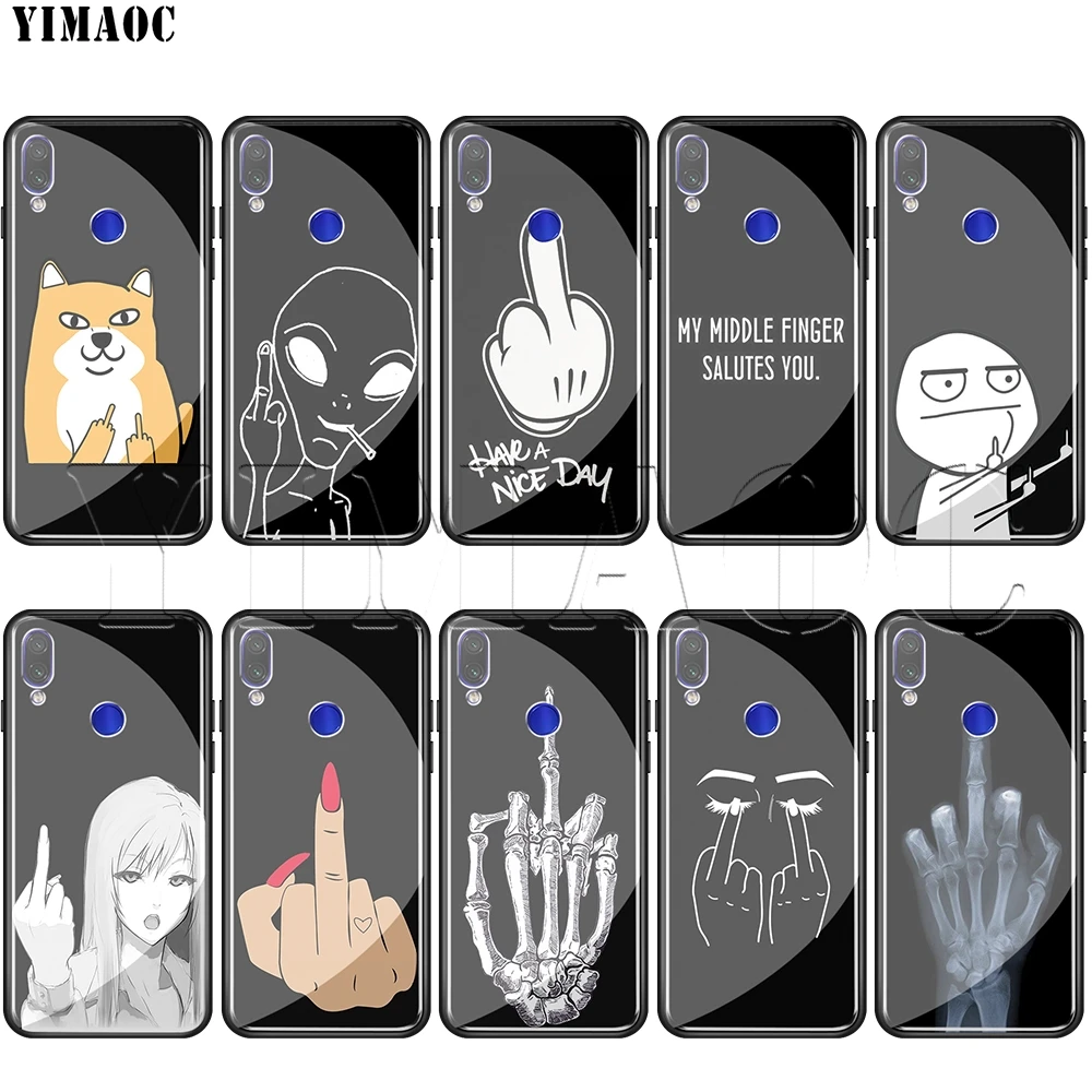 

YIMAOC Cartoon Middle Finger Tempered Glass Case for xiaomi redmi note 4X 5 6 7 Pro 6A 8 9 A1 A2 Pocophone F1