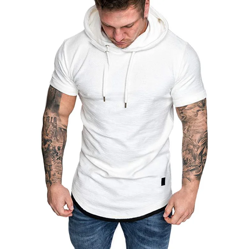

SHUJIN 2019 Summer Mens Hoodie Short Sleeve T-Shirts Slim Casual Fitness Gym Workout Homme Fashion Streetwear Basic Tops