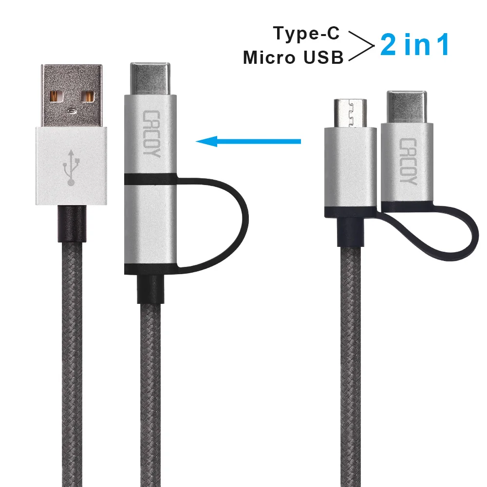 CACOY 6.6Ft/2 M نوع C/المصغّر usb 2 في 1 كابل غلاف من الألومنيوم النايلون حبل مضفر ل المصغّر usb و نوع C الأجهزة (رمادي داكن)