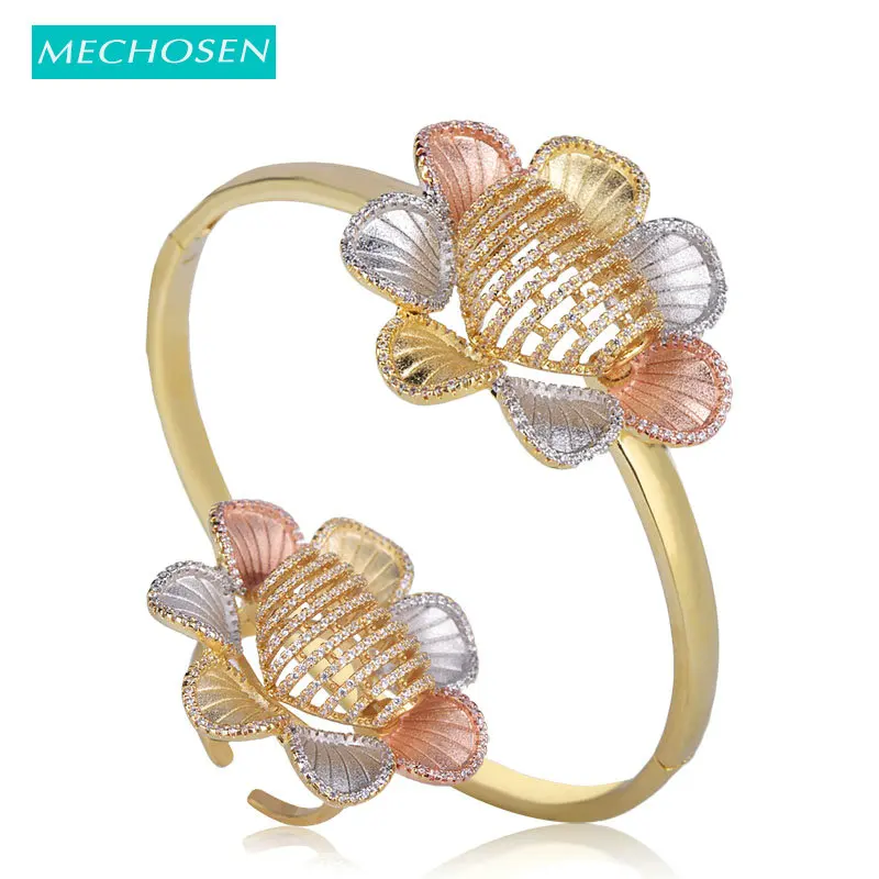 

MECHOSEN Difficult Craft Flower Shape Jewelry Sets Bangle Ring 3 tones Brass Cubic Zirconia Celebrity Hand Accessories riverdale