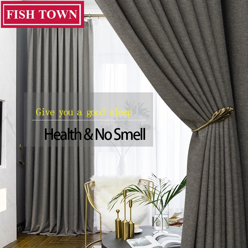 FISH TOWN Faux Linen 70%-85% Shading Custom Made Modern Style Solid Color Blackout Curtain For Living /Bed  Room