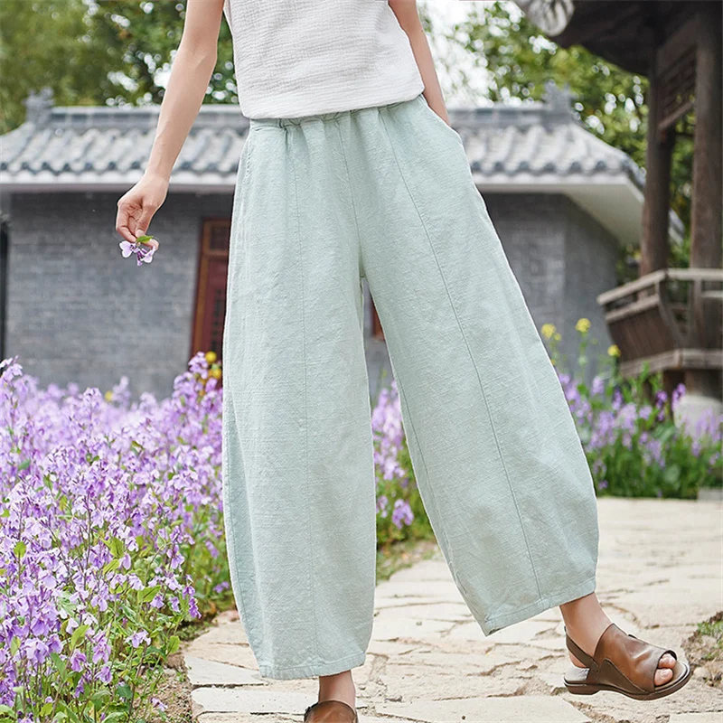 

Women Wide Leg Pants Elastic Waist Pockets Summer New Vintage Patchwork Women Trouser Solid Color Women Pants