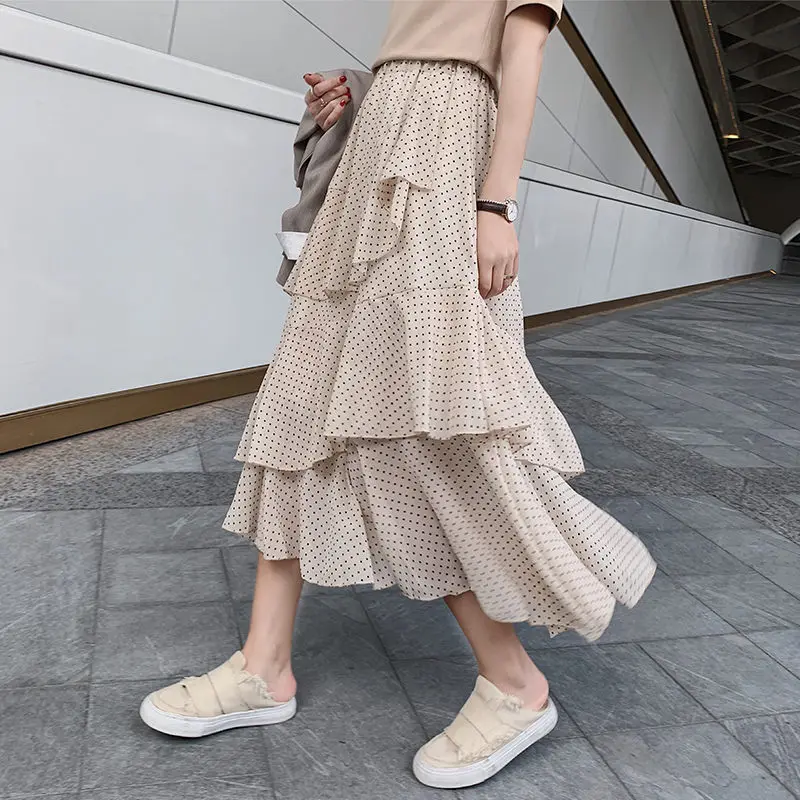 

Chic High Waist Polka Dot Women Skirt Irregular Ruffles Patchwork Female Chiffon Skirts with Lining 2019 Summer Midi faldas femm
