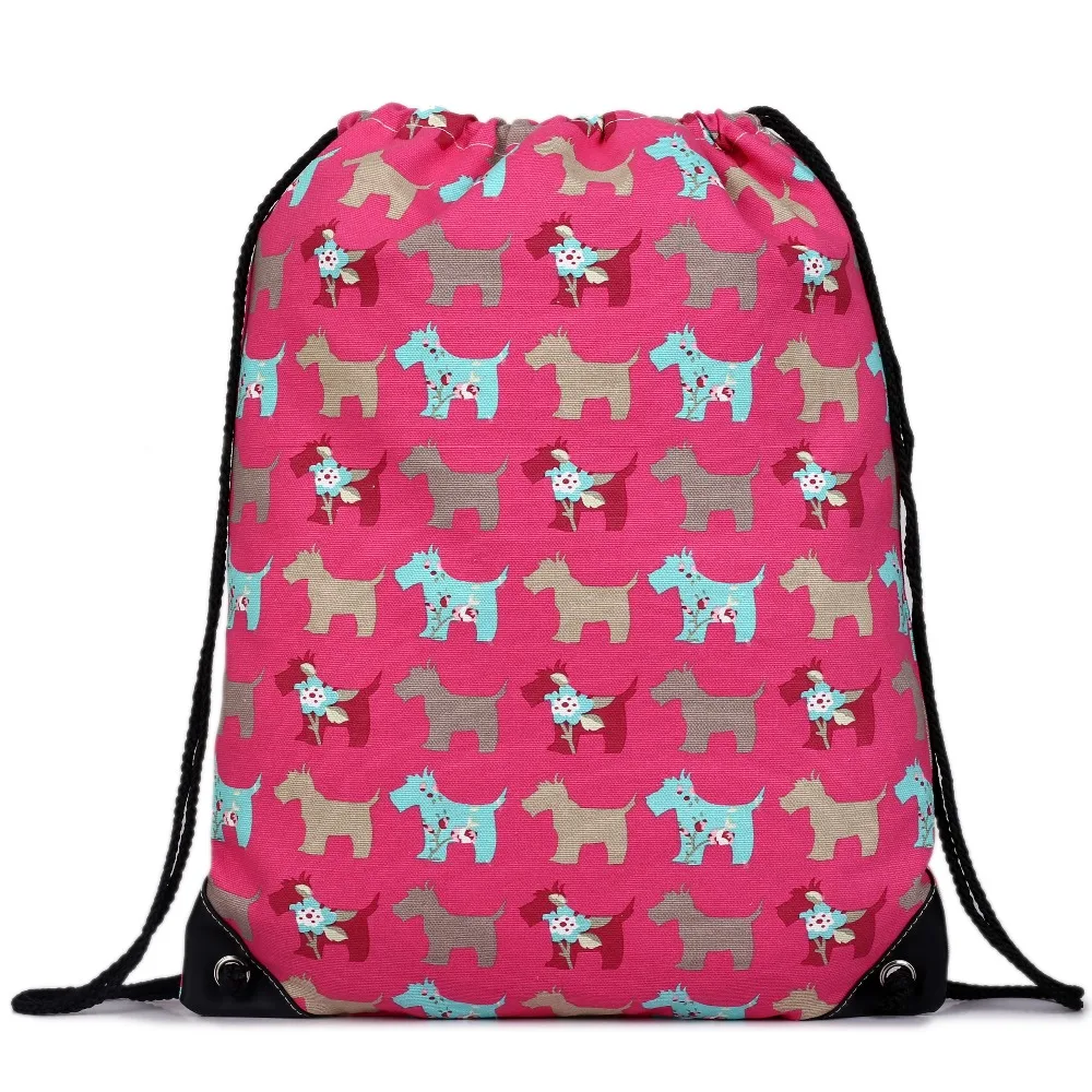 Lightweight drawstring dog print backpack lively colors bags school