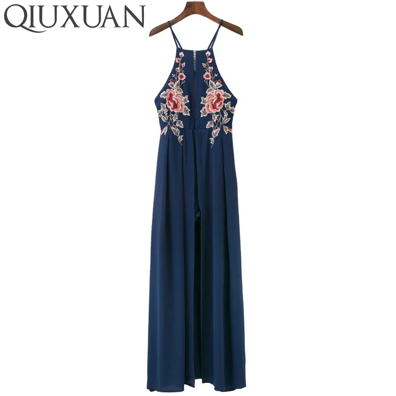 Female font b Floral b font Embroidery font b Dress b font Sexy Hanging Neck Halter