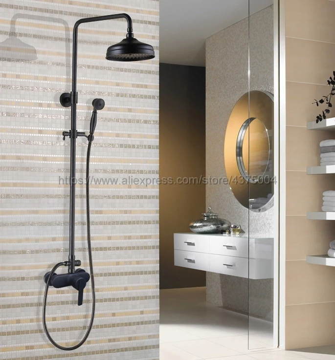 Black Oil Rubbed Brass Bathroom Rainfall Shower Faucet Set Mixer Tap With Hand Sprayer Wall Mounted Nhg151