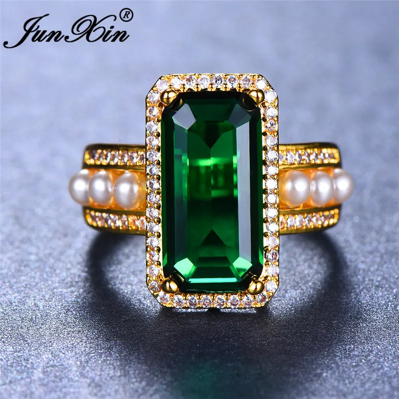 

JUNXIN Green Stone Rectangle Big Rings For Women Vintage Zircon Charm Wedding Bands Female Yellow Gold Filled Wedding Pearl Ring