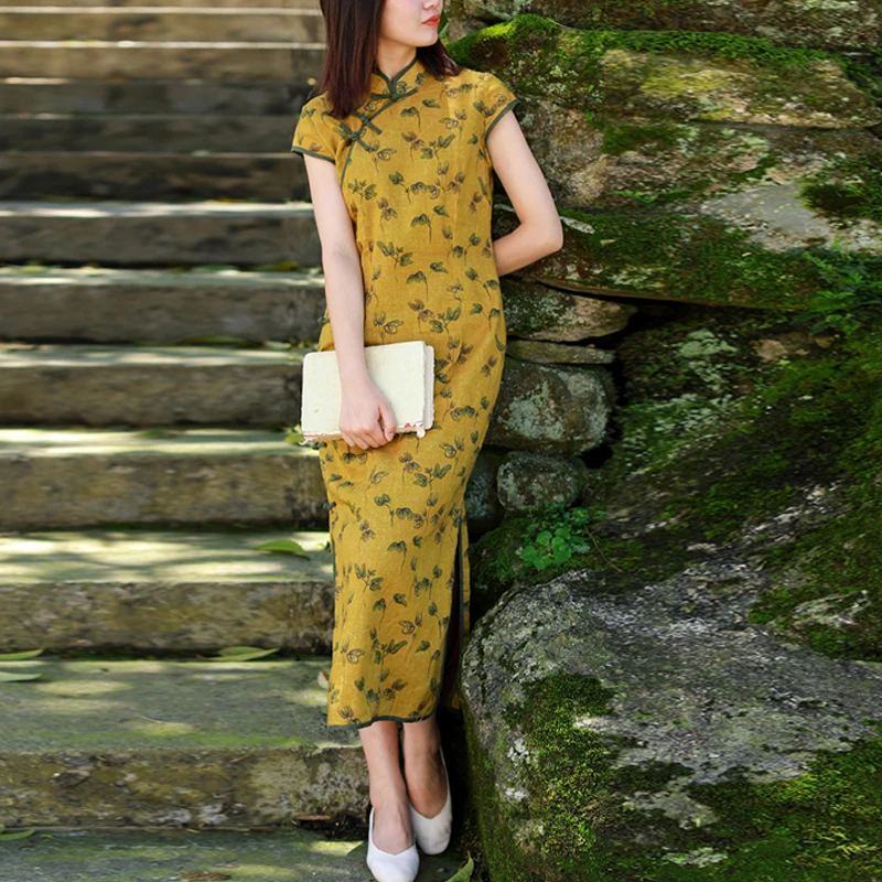 

LZJN Oriental Style Dresses Qipao Women Traditional Dress Chinese Cheongsam Long Chinese Dress Modern Qipao Cotton Linen Dress