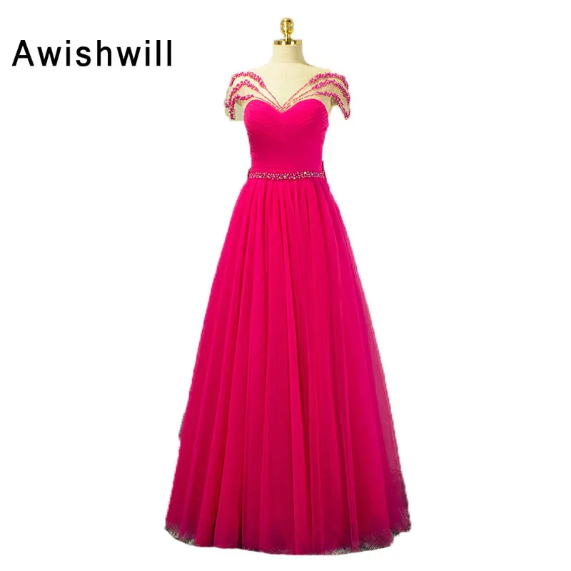 Real Photo Hot Pink Long Prom Dress Short Sleeve Transparent Back Beaded Tulle With Bow Fashion Evening Gown Vestido de Fiesta | Свадьбы и