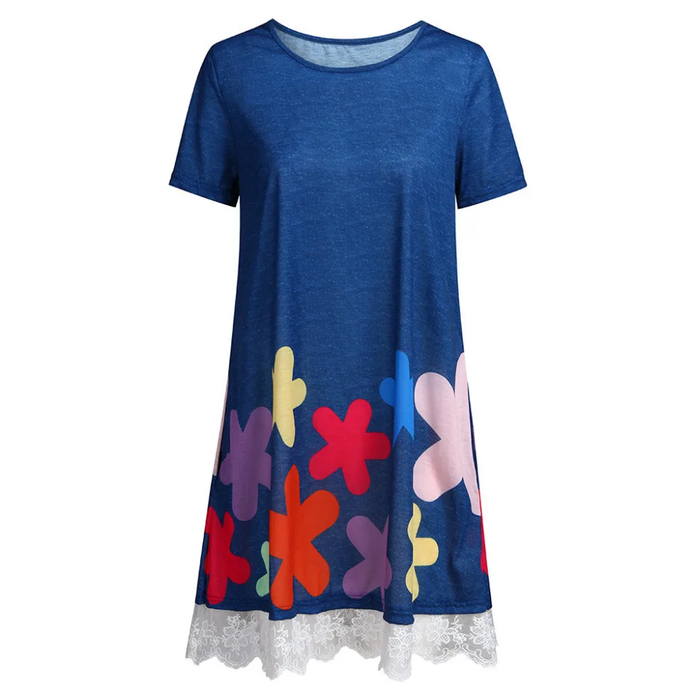 2019 women's summer short-sleeved lace beach dress plus size stitching print casual beach dress long sports dress cover up 40J6 (13)