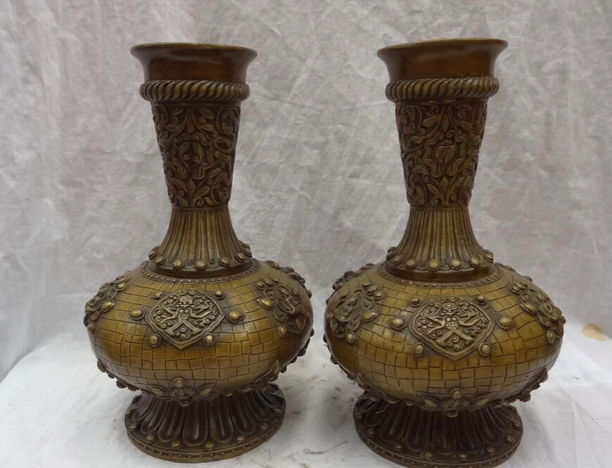 

S2712 12" Tibet Bronze Buddhist JiXiang Shakyamuni Buddha Statue Twin Pot Vase Pair D0318
