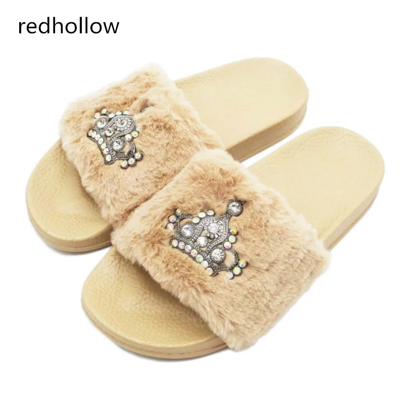 

Slippers Womens Zapatos Mujer Slip on Sliders Crystal Fashion Fluffy Faux Fur Flat New Female Casual Slipper Winter Flat with