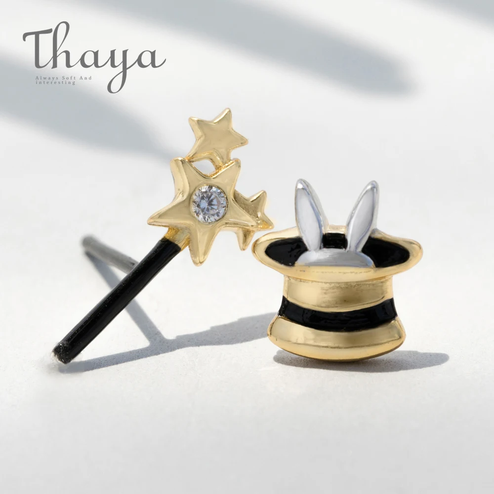 

Thaya Magic Hat and Magic Wand Design Stud Earrings S925 Silver Zircon Diamond Asymmetry Earrings for Women Ladies Gift