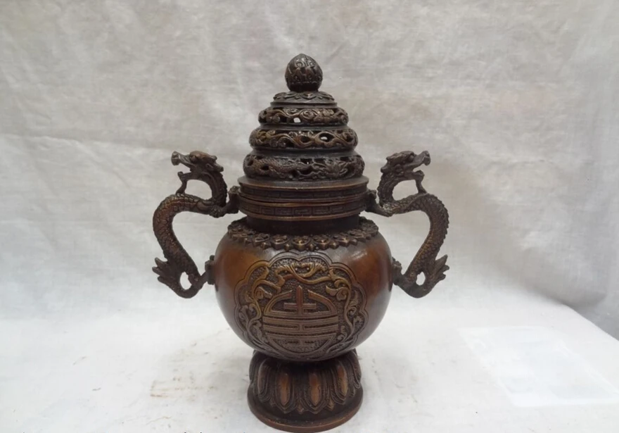 

S4769 9" Chinese Bronze Buddhist FengShui Dragon Statue Tibet Incense Burner Censer D0317