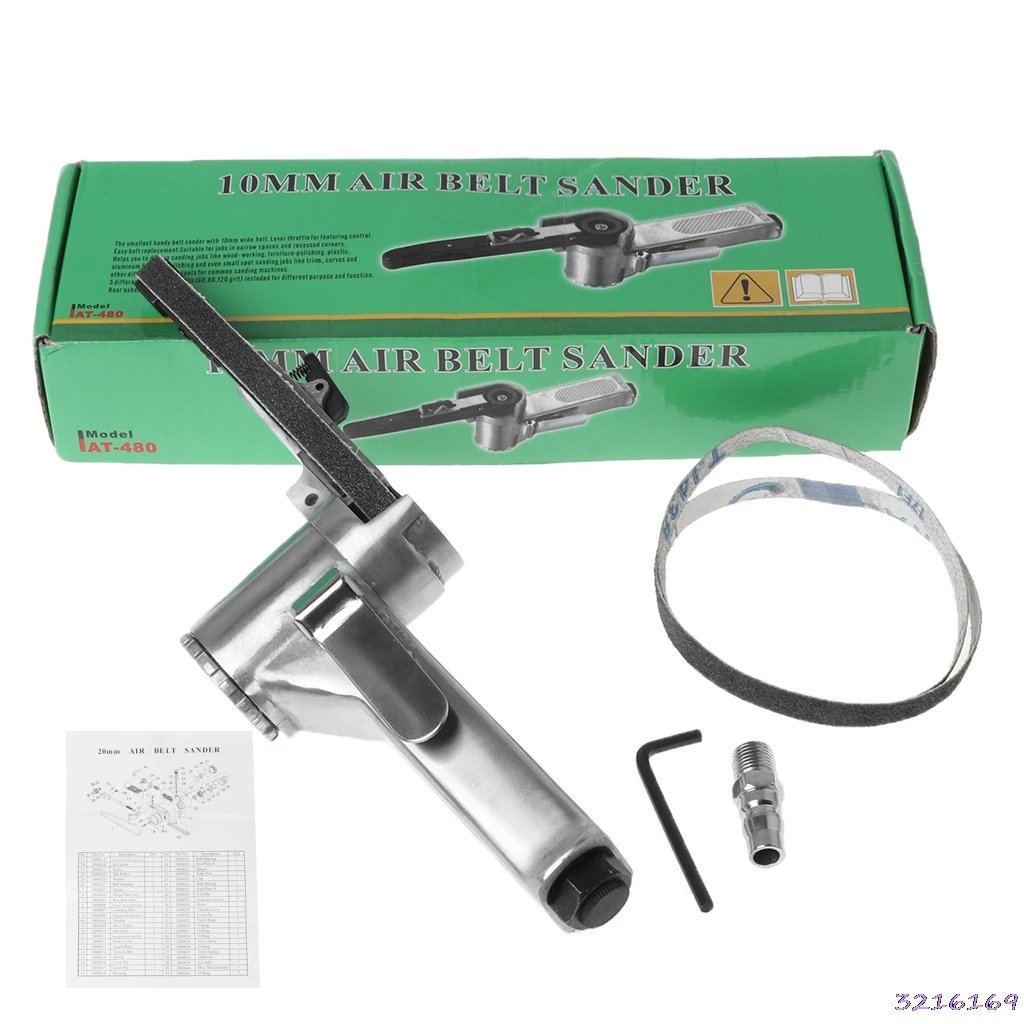 

10mm Pneumatic Air Belt Sander Polisher Grinding Machine Tool With 3 Grit Belts