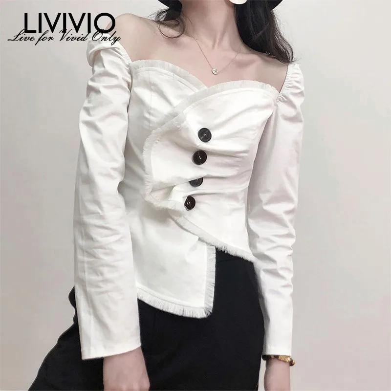 

[LIVIVIO] Vintage Slash Neck Women's Shirt Blouses Top Female Long Sleeve Sexy Off Shoulder Pleated Black Shirts Clothes New