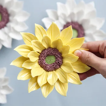 

Creative 3D Ceramic Wall Decoration Fresh Pendant Wall Sticker White Yellow Sunflowers TV Background Crafts Hangings Lovely gift