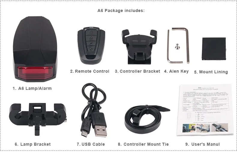 Bicycle Rear Light USB Charge Wireless Remote Control Tail Lamp Bike Finder Lantern Horn Siren Warning Anti-theft Alarm Optional