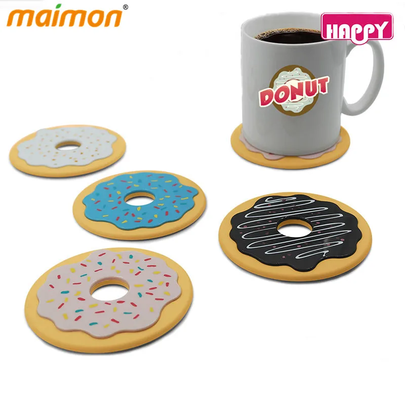 Set of 4 Donut Doughnut Coasters Novelty Style Drink Mug Coffee Mats Round