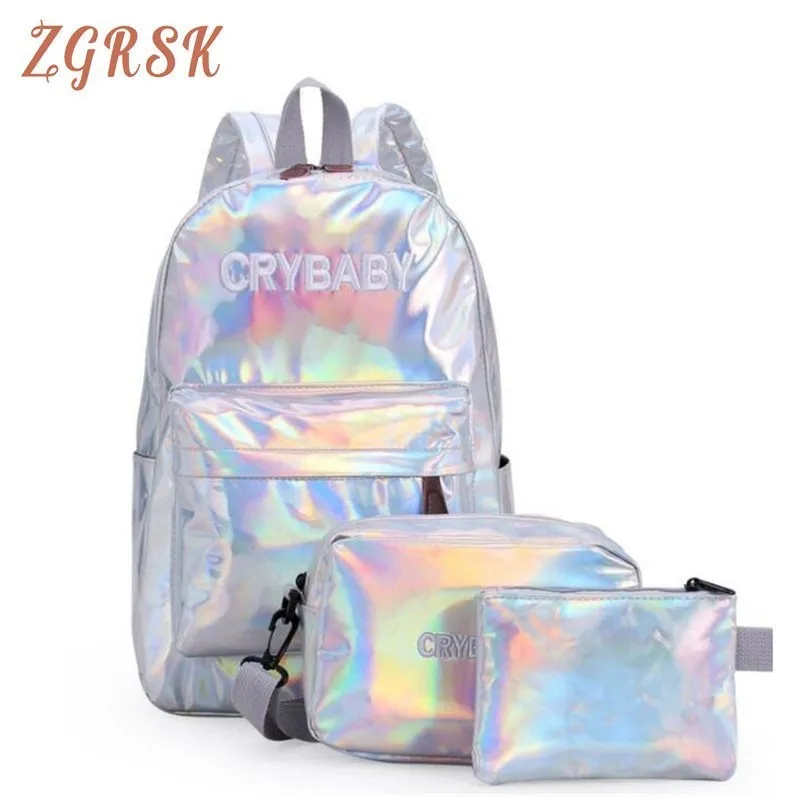 

Holographic Laser Backpack Women Embroidered Crybaby Letters Hologram Backpack Set School Bag +shoulder Bags +penbags 3pcs/set